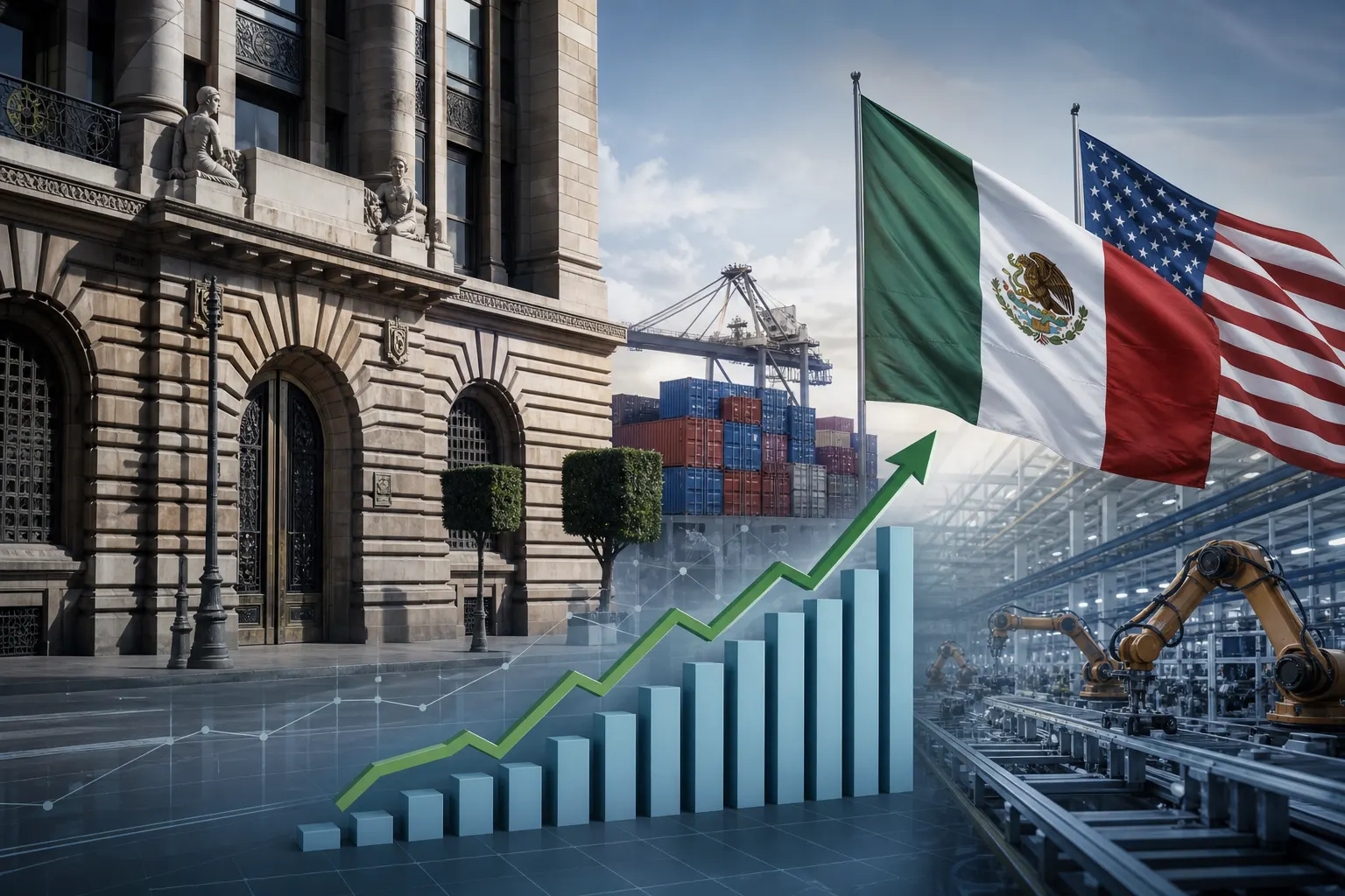 Edificio del Banco de México junto a gráficos de crecimiento, contenedores y una planta manufacturera