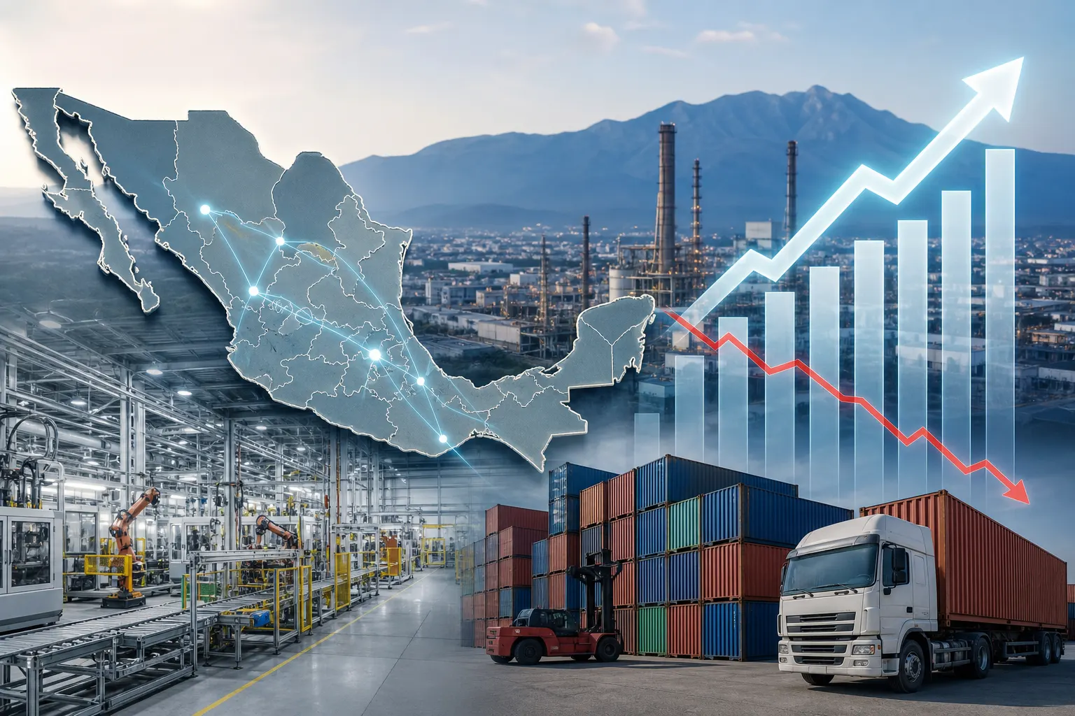 Planta manufacturera y gráfico de inversión extranjera directa en México durante 2026