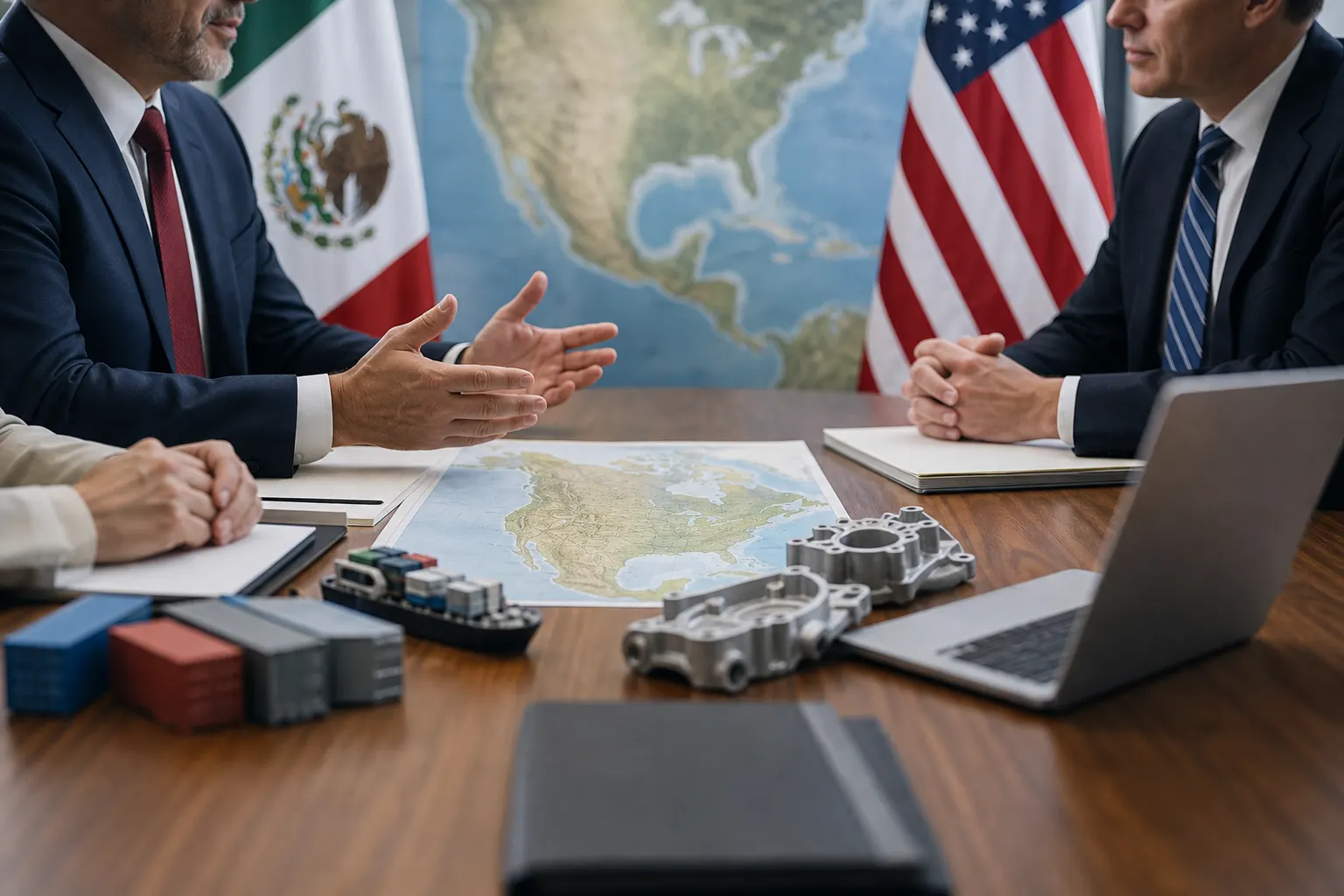 Revisión del T-MEC entre México y Estados Unidos con documentos comerciales y piezas automotrices