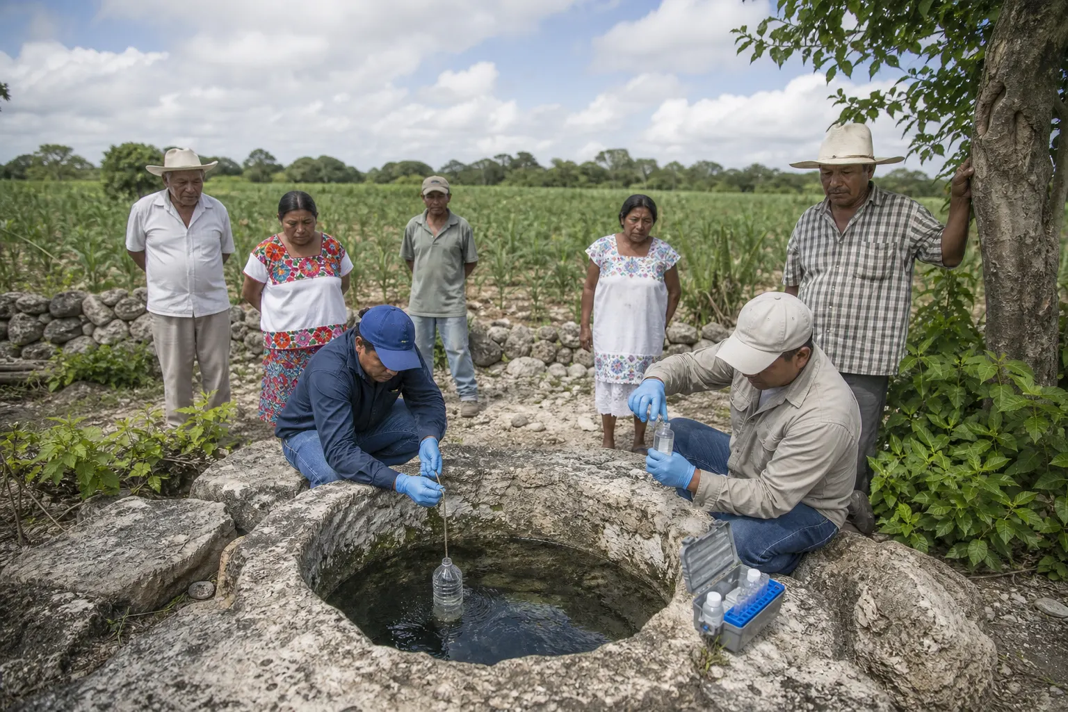 Personal técnico toma muestras de agua en una comunidad maya de Hopelchén, Campeche.