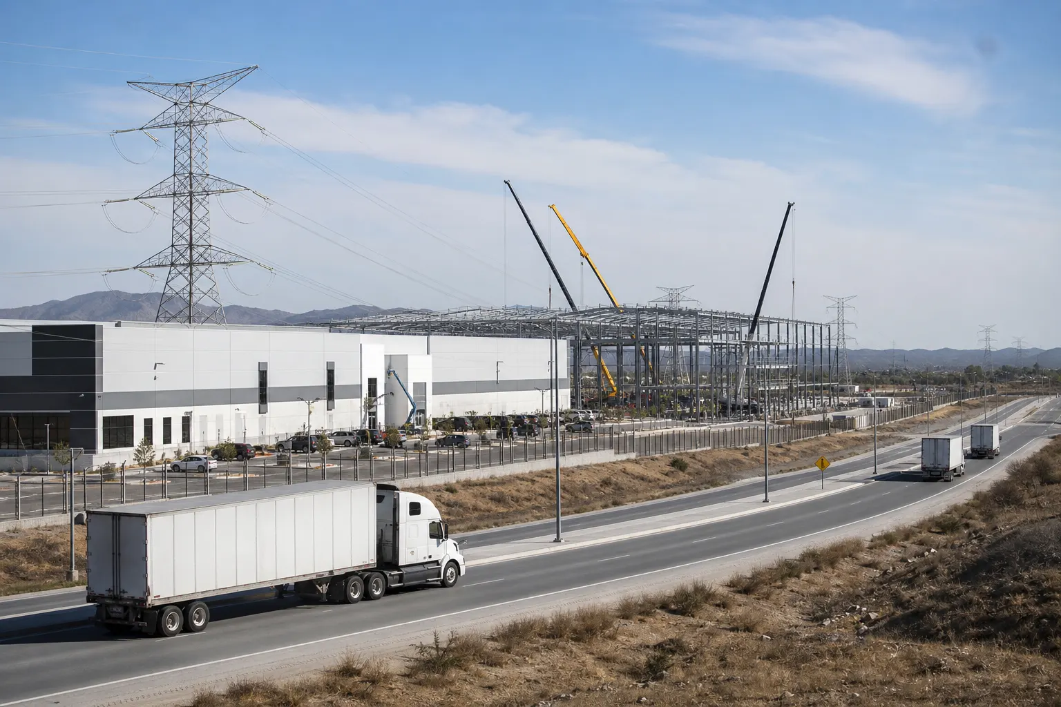 Parque industrial mexicano con construcción, manufactura y líneas eléctricas