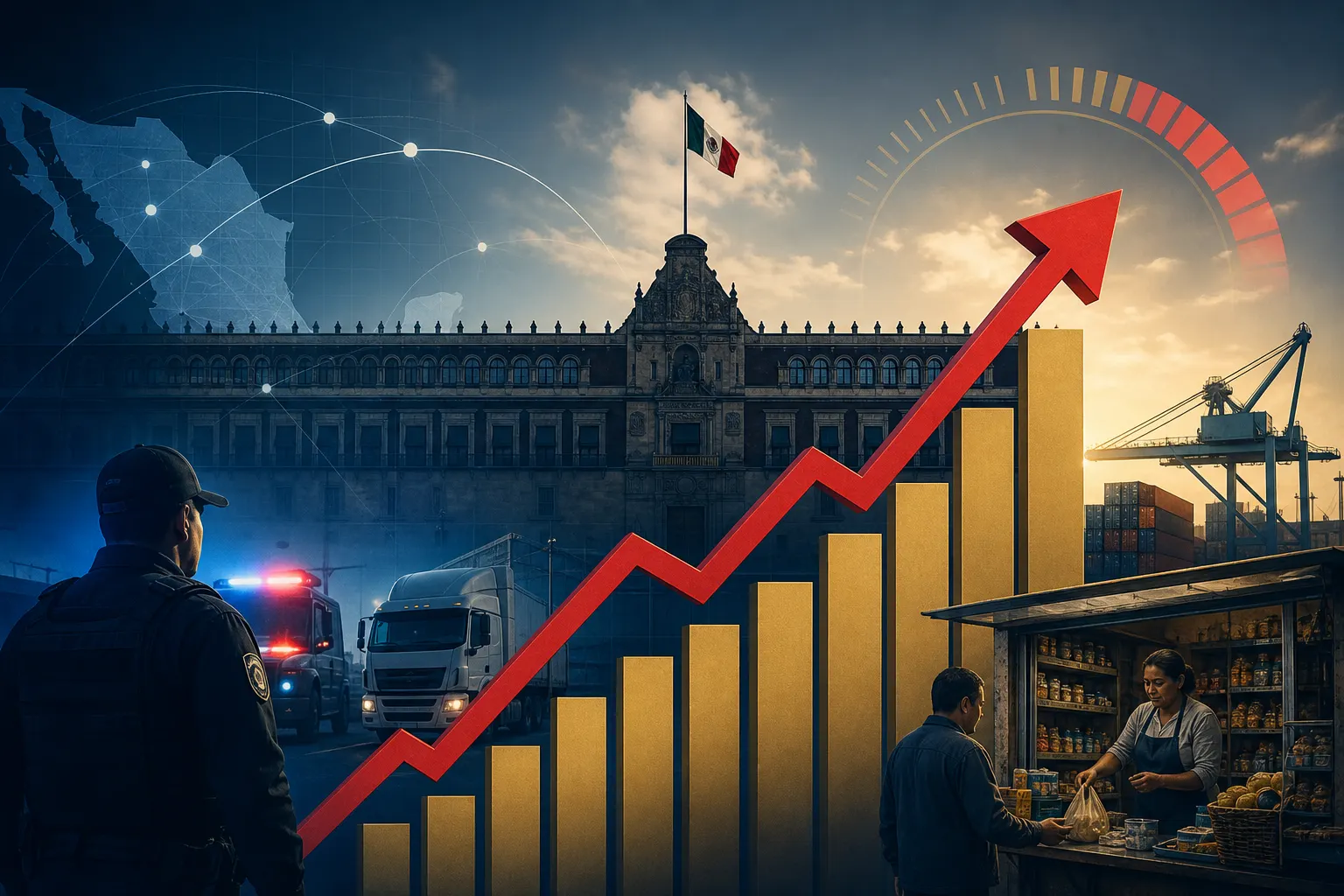 Gráfica de aprobación presidencial cercana a 70% junto a elementos de inseguridad y actividad empresarial en México