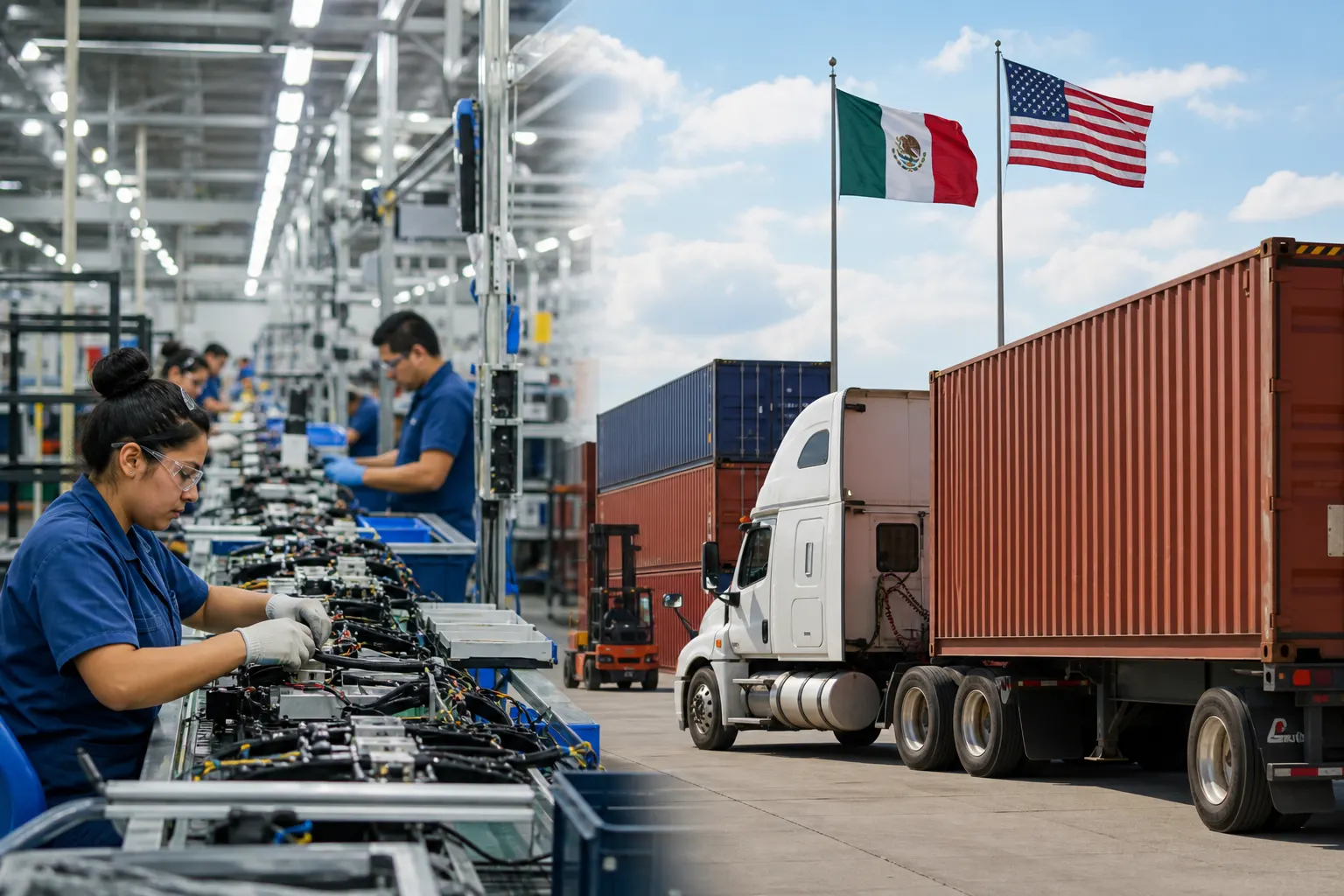 Planta manufacturera mexicana con componentes eléctricos y contenedores de exportación