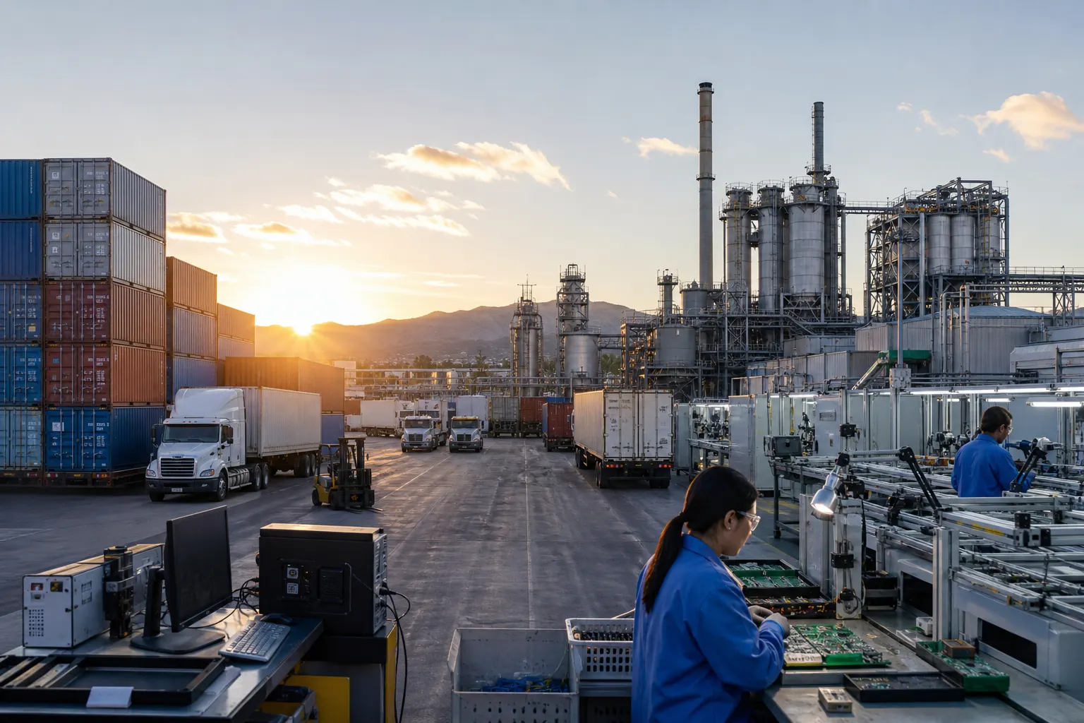 Planta manufacturera mexicana junto a contenedores y equipo industrial para ilustrar la balanza comercial de agosto de 2026