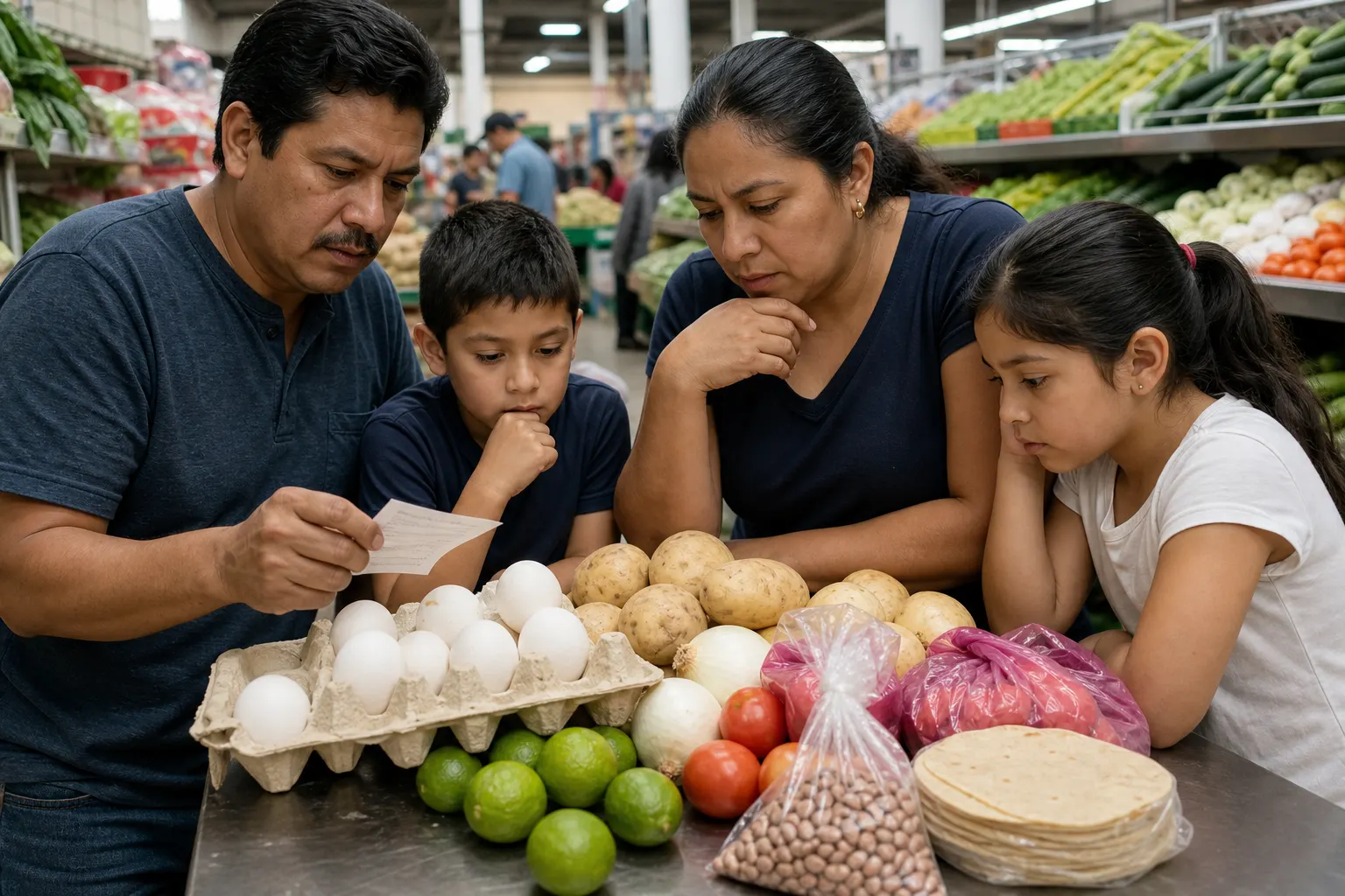 Familia mexicana revisa el presupuesto del hogar junto a alimentos básicos