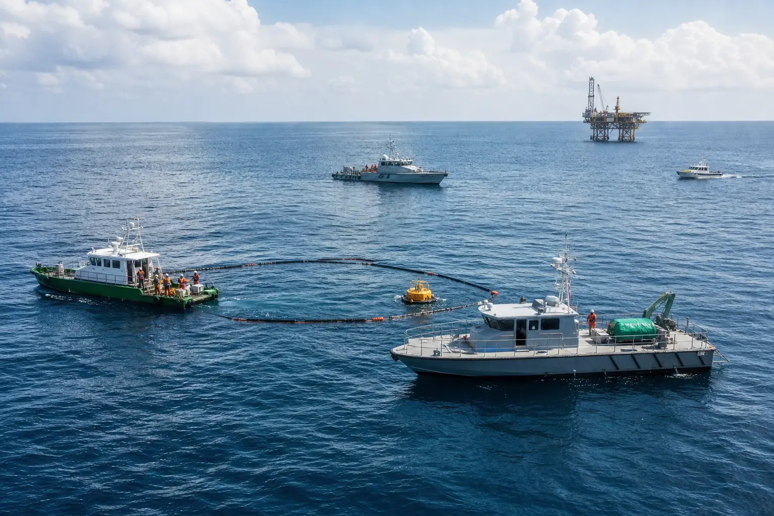 Embarcaciones de Pemex y la Marina realizan labores de contención frente a Campeche tras una fuga en un ducto marino.