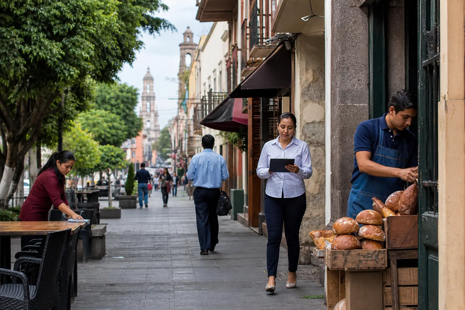 Personas trabajando en comercios y servicios en México durante agosto de 2026