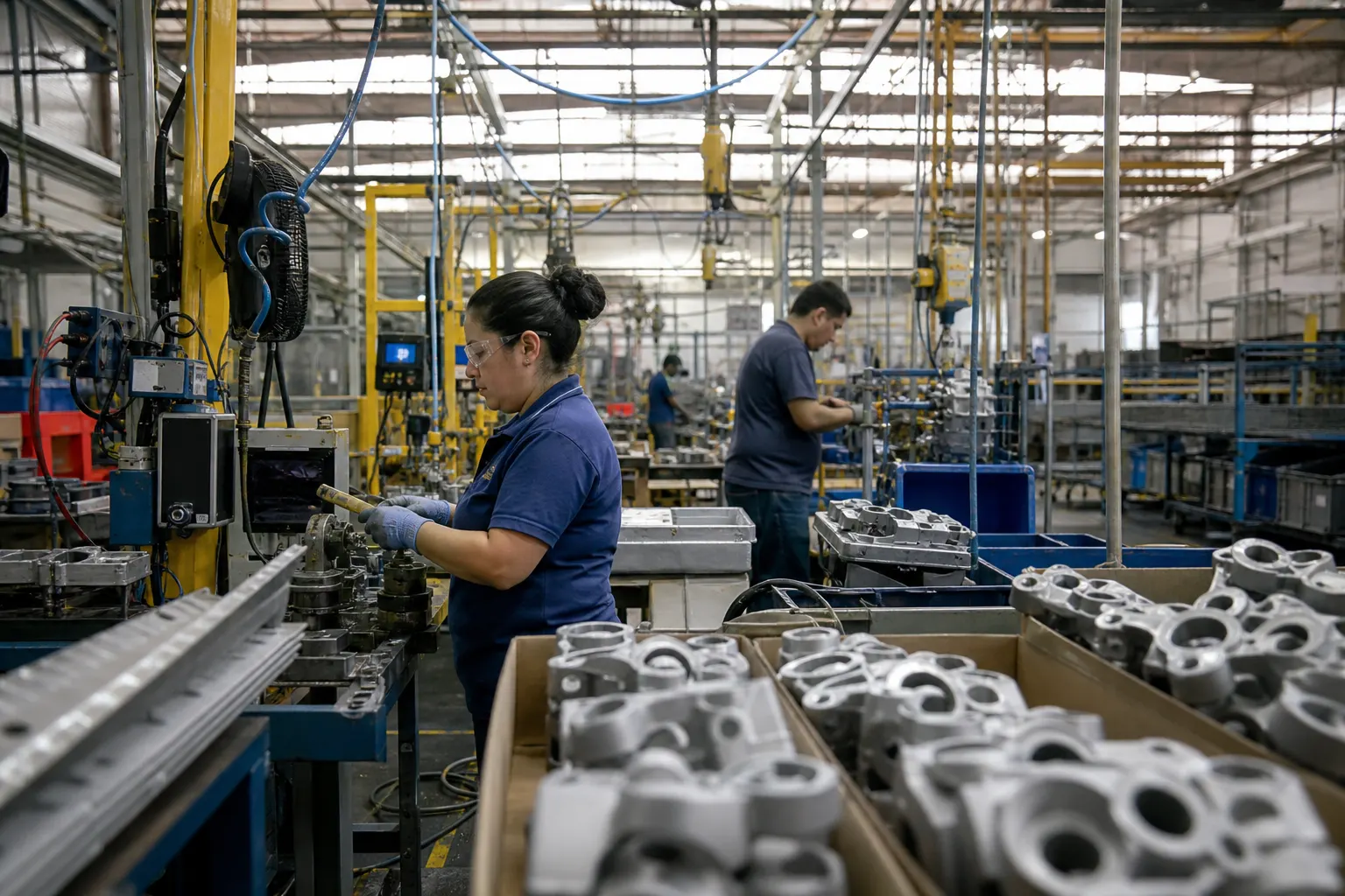 Trabajadores en una planta manufacturera mexicana durante una jornada de producción