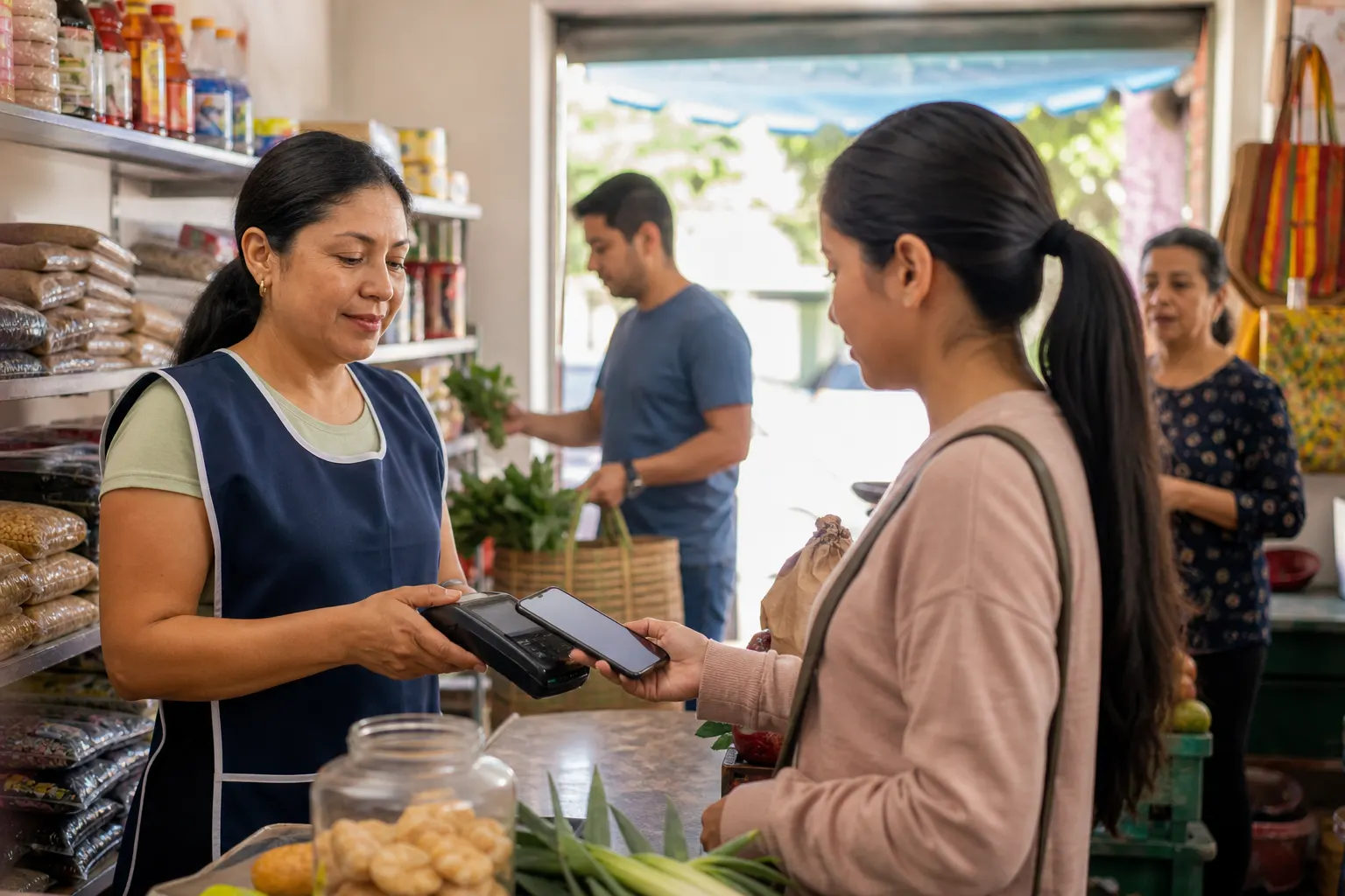 Dueña de una pyme utiliza un dispositivo para recibir un pago digital en México