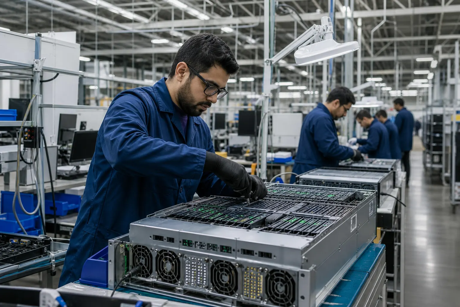 Técnicos ensamblan servidores de inteligencia artificial en una planta de manufactura electrónica en México