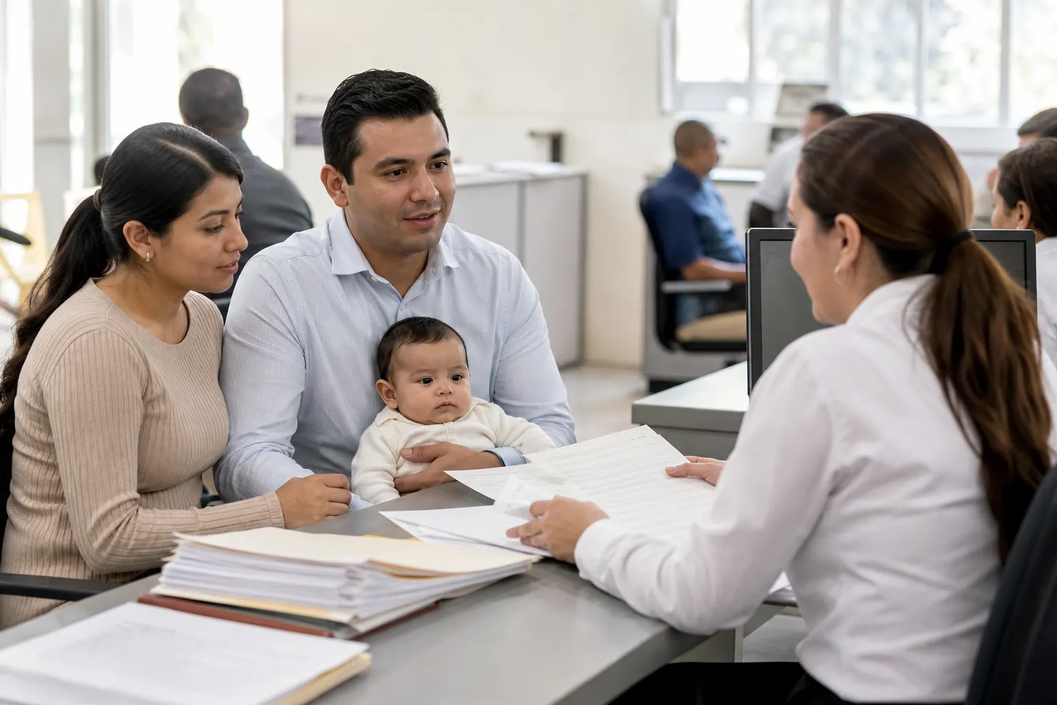 Familia realiza el registro de nacimiento en una oficina del Registro Civil en México