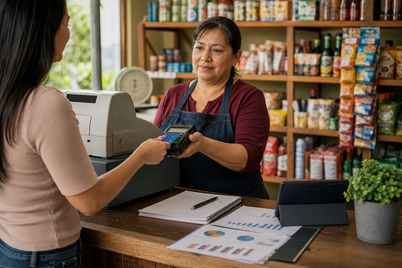 Comerciante de un negocio familiar acepta un pago digital con terminal bancaria
