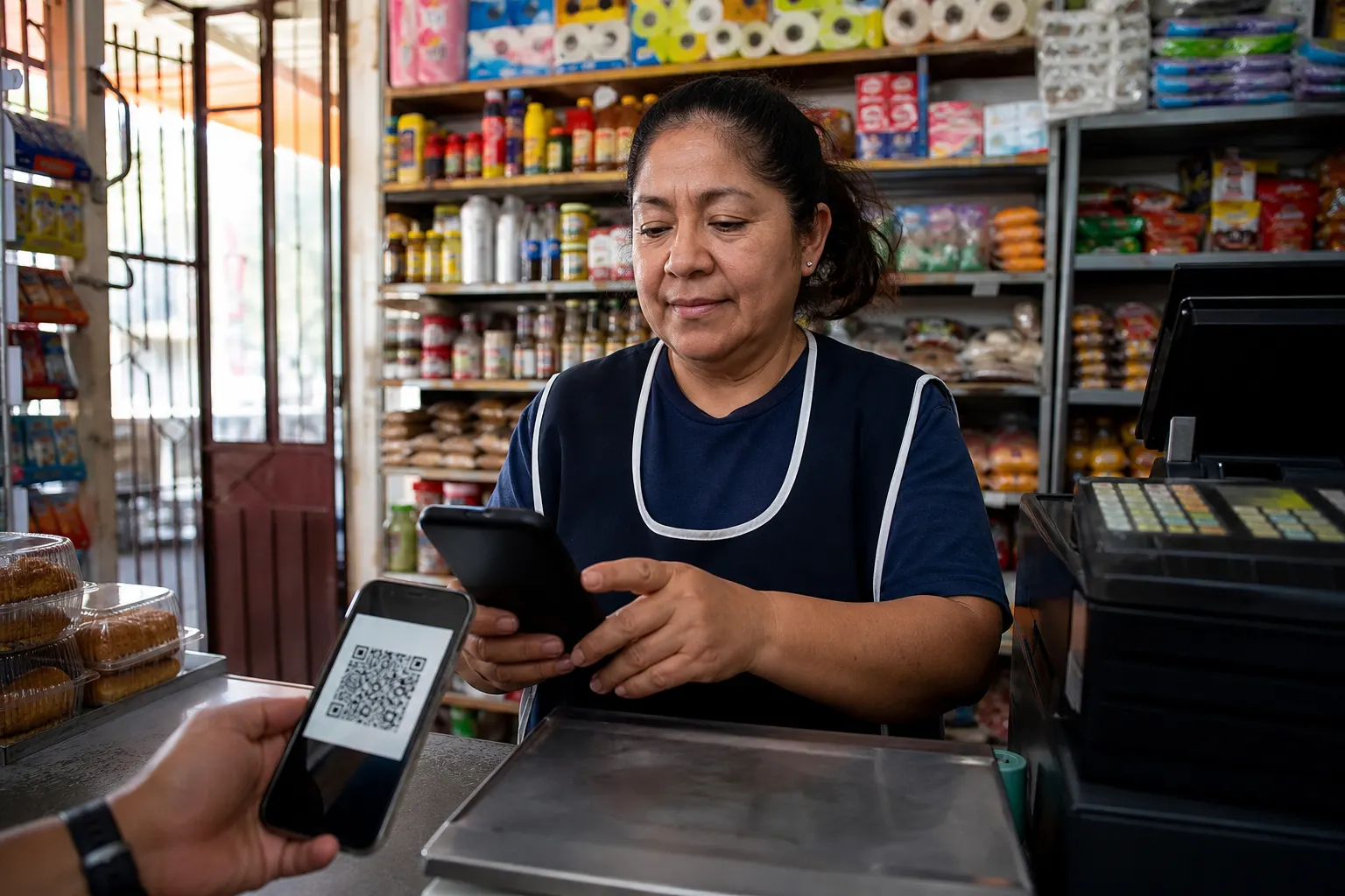 Pequeño comercio mexicano cobrando un pago digital mediante código QR