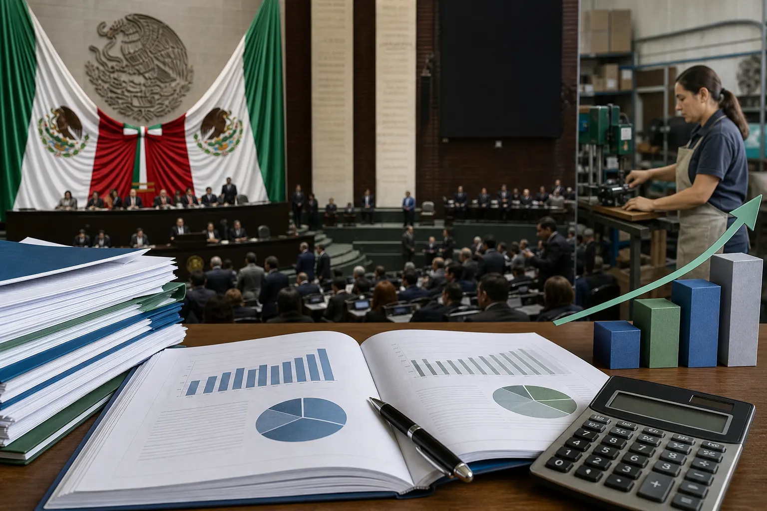 Documentos del Paquete Económico 2027 junto a gráficas de crecimiento y deuda pública en México