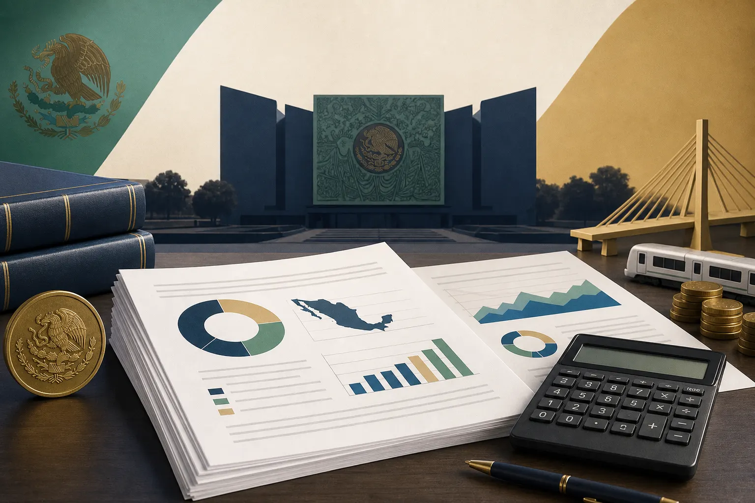 Documentos del Paquete Económico 2027 de México junto a gráficas de recaudación y gasto público