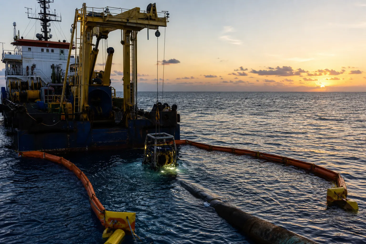 Embarcación especializada durante la reparación de un ducto marino frente a Campeche
