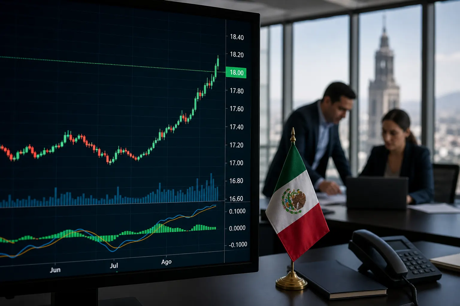 Pantalla financiera con el peso mexicano por encima de 18 unidades por dólar