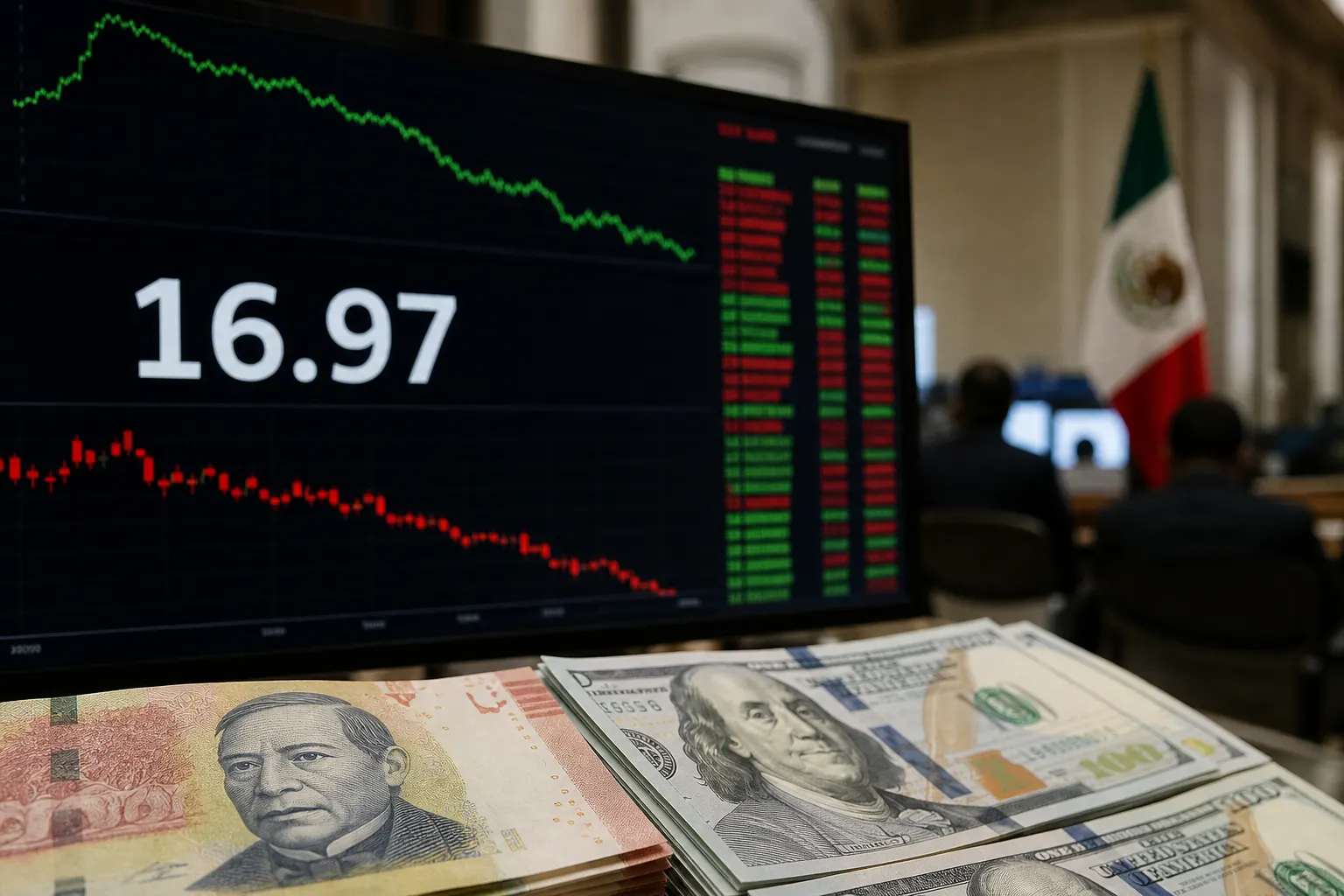 Pantalla financiera con el tipo de cambio del peso mexicano frente al dólar en 16.97 unidades