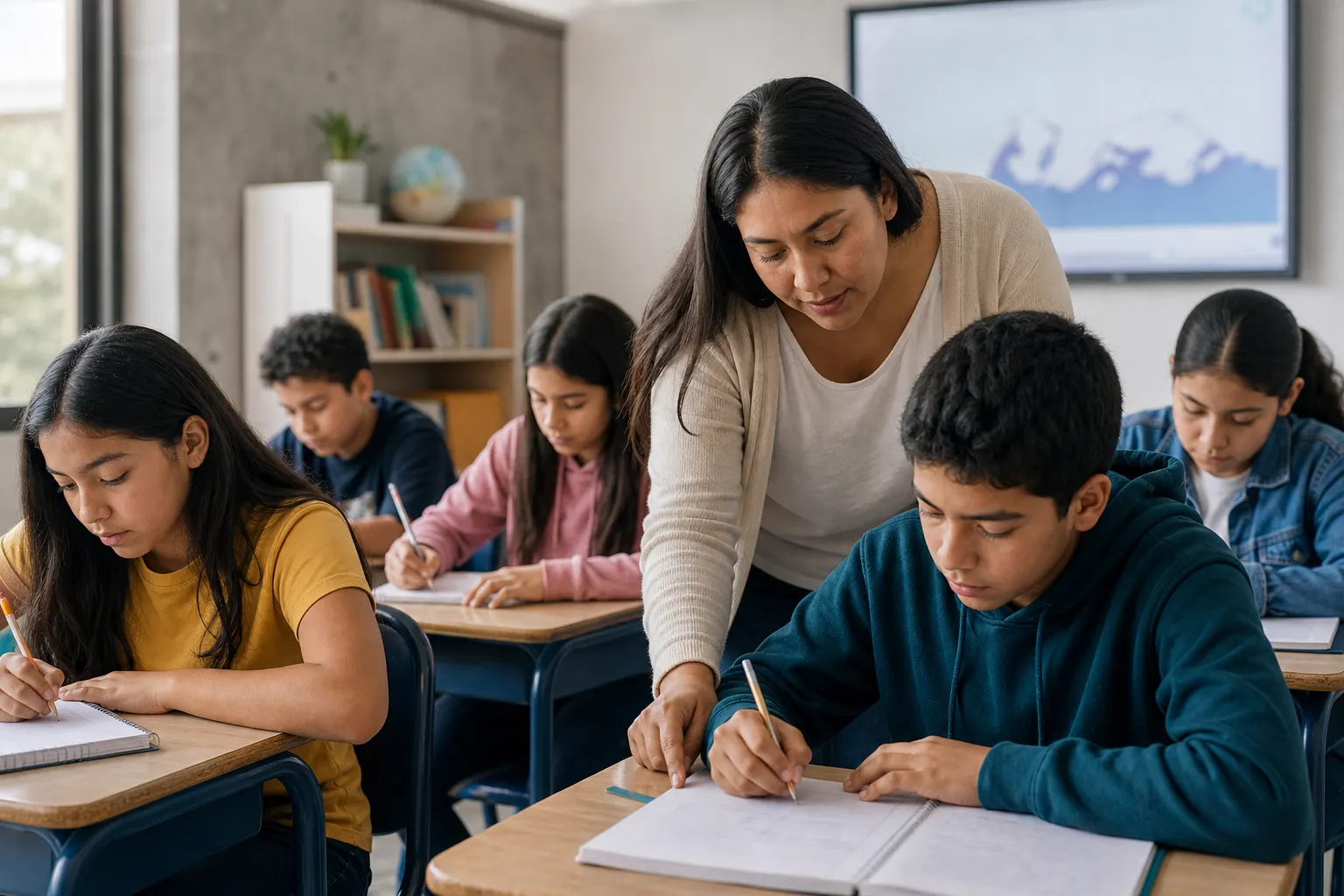 Estudiantes mexicanos realizan ejercicios de matemáticas y lectura en un salón de secundaria