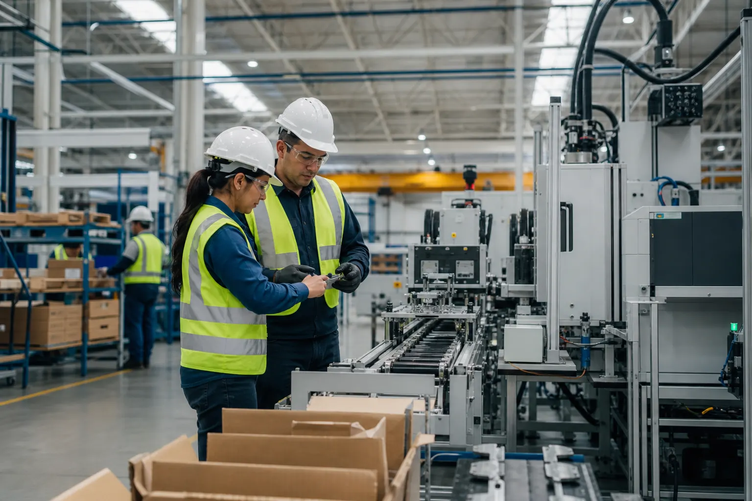 Trabajadores revisan maquinaria nueva en una planta industrial mexicana vinculada al Plan México
