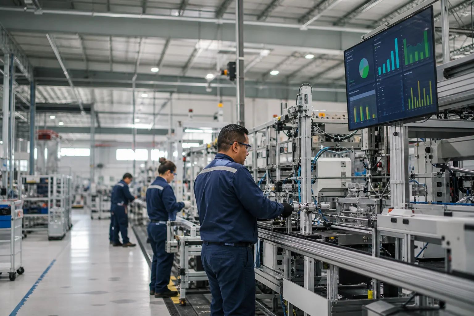 Trabajadores operan maquinaria en una planta manufacturera mexicana