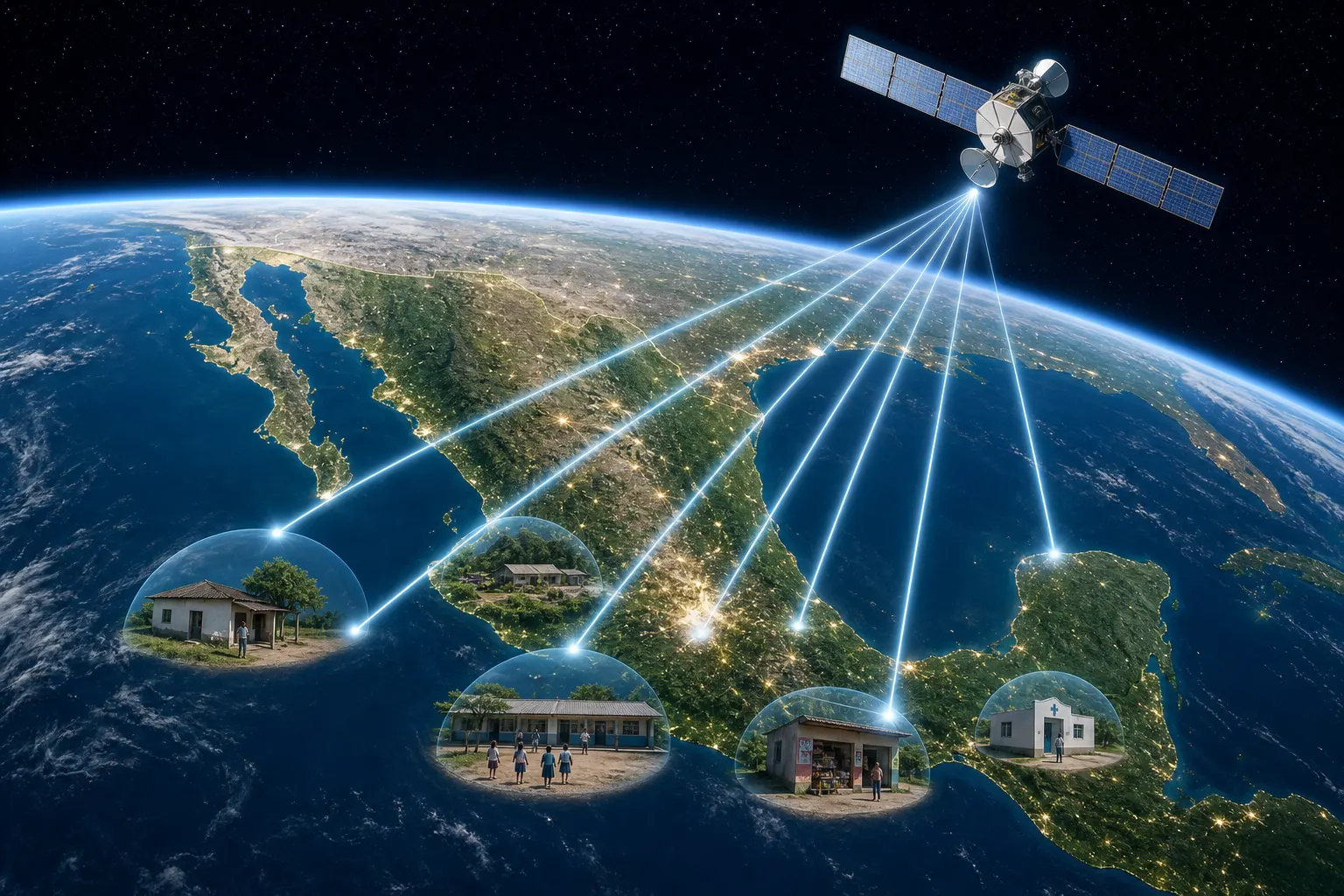 Satélite geoestacionario mexicano enviando conectividad a comunidades rurales