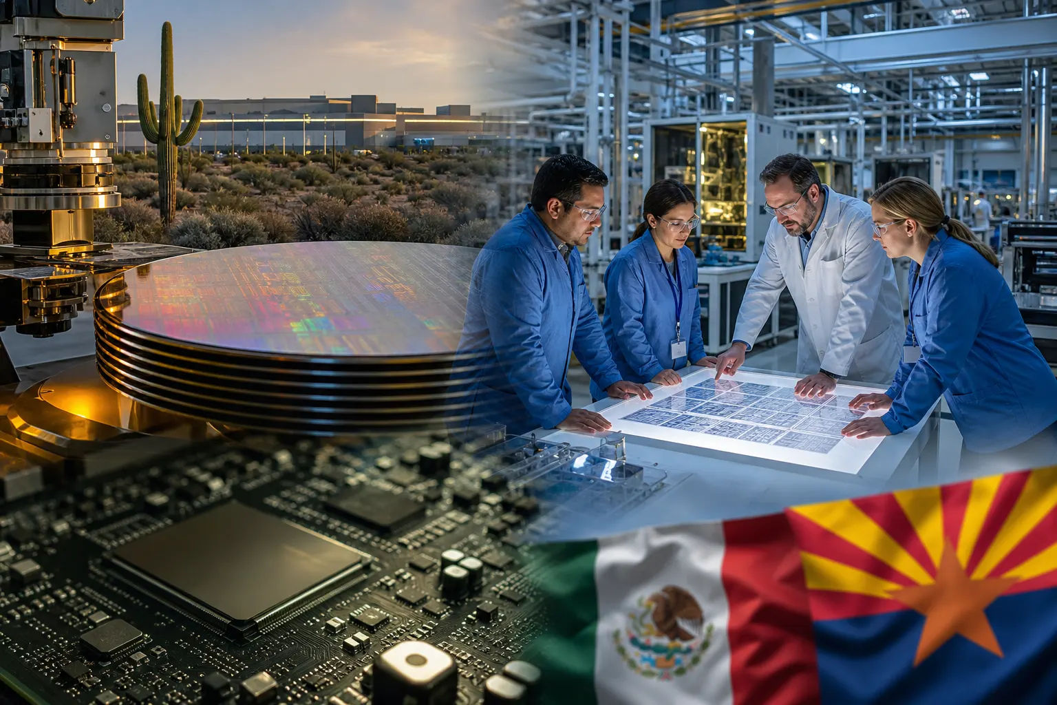 Ingenieros revisan componentes de semiconductores en una planta industrial vinculada a México y Arizona
