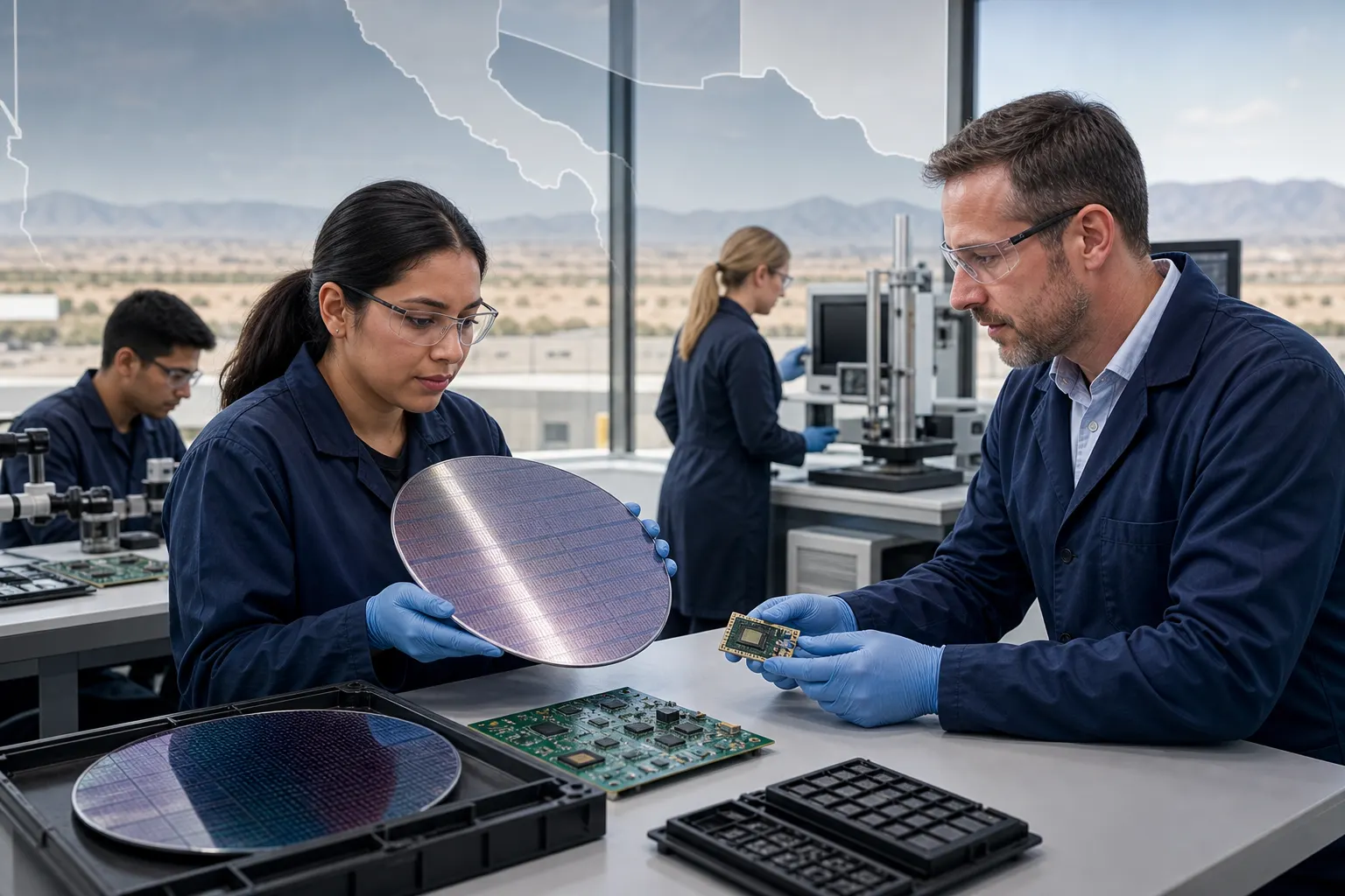 Ingenieros revisan componentes electrónicos en un laboratorio vinculado con la cadena de semiconductores entre México y Arizona
