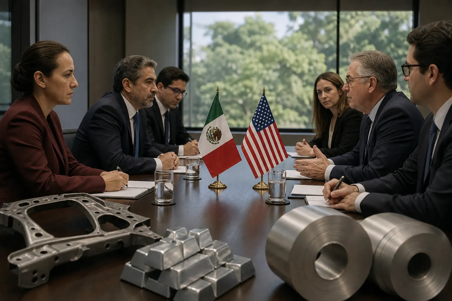 Documentos del T-MEC junto a piezas automotrices, acero y aluminio durante la negociación comercial entre México y Estados Unidos