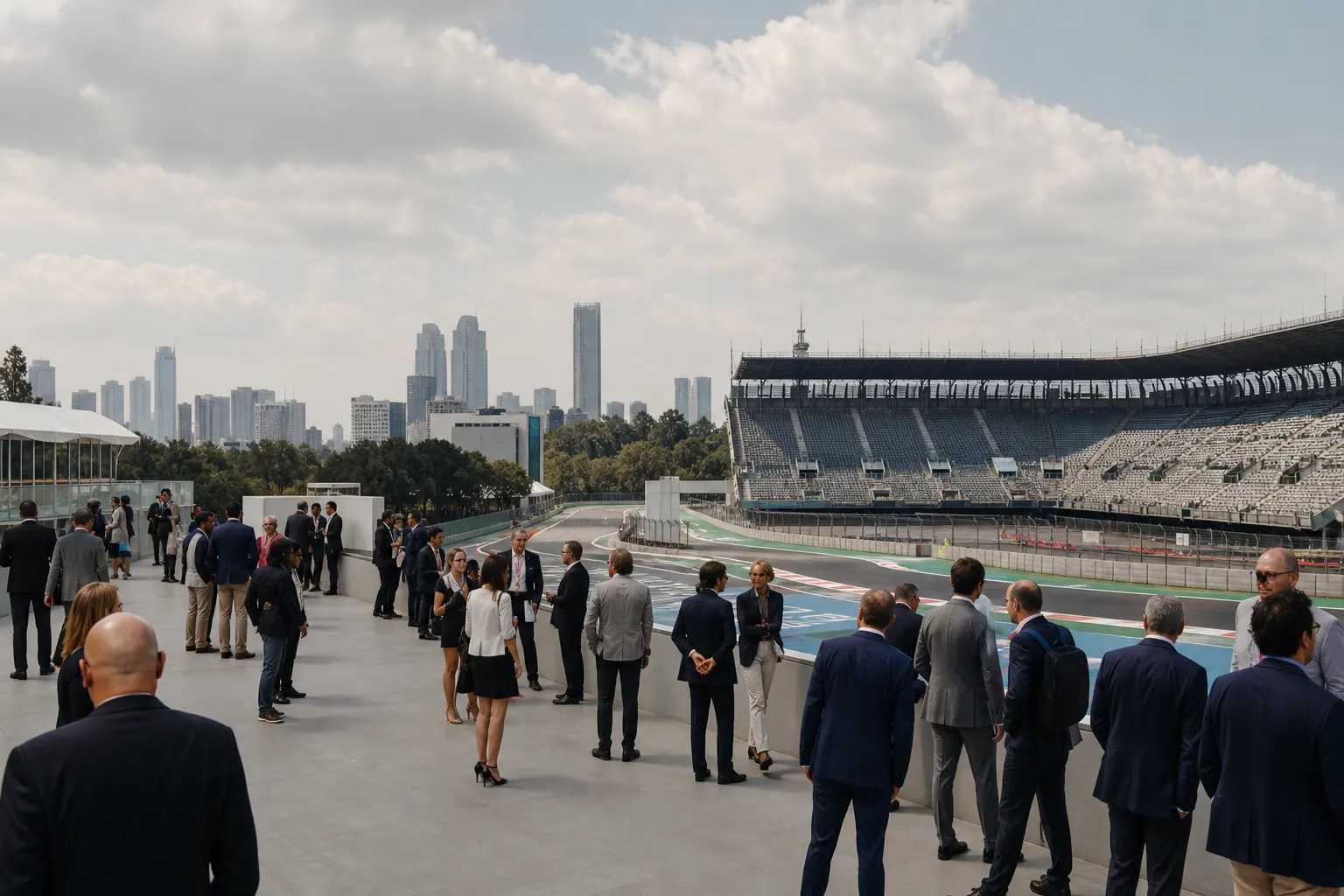 Participantes del Congreso Mundial de Turismo Deportivo en el Autódromo Hermanos Rodríguez de Ciudad de México