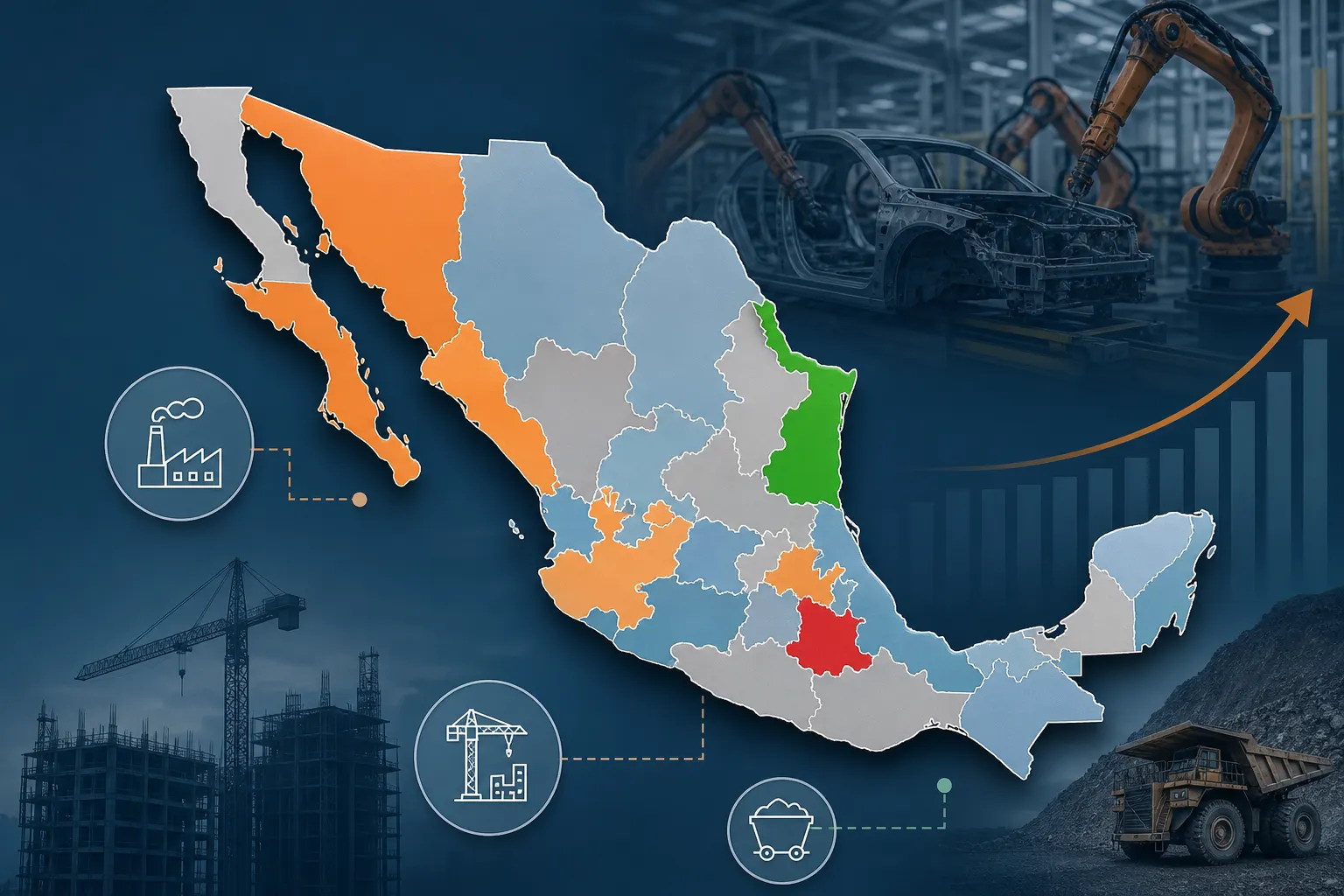 Mapa de México con el desempeño desigual de la actividad industrial estatal en junio de 2026