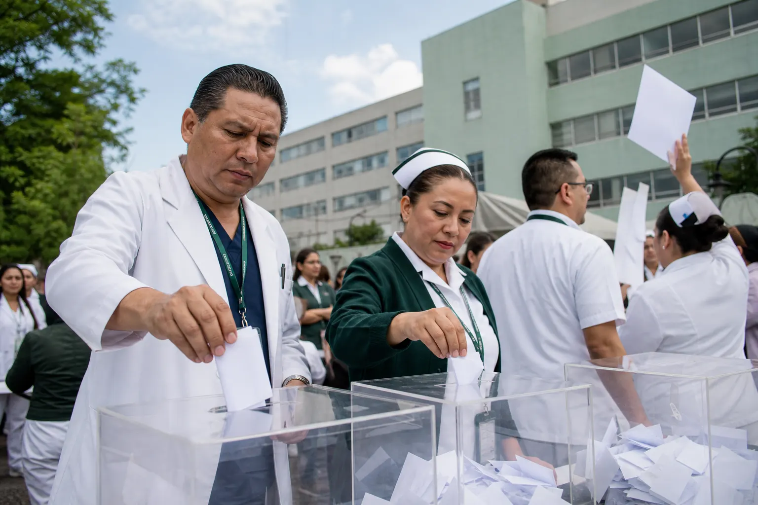 Trabajadores del IMSS durante la consulta salarial y movilizaciones del 14 de octubre de 2026