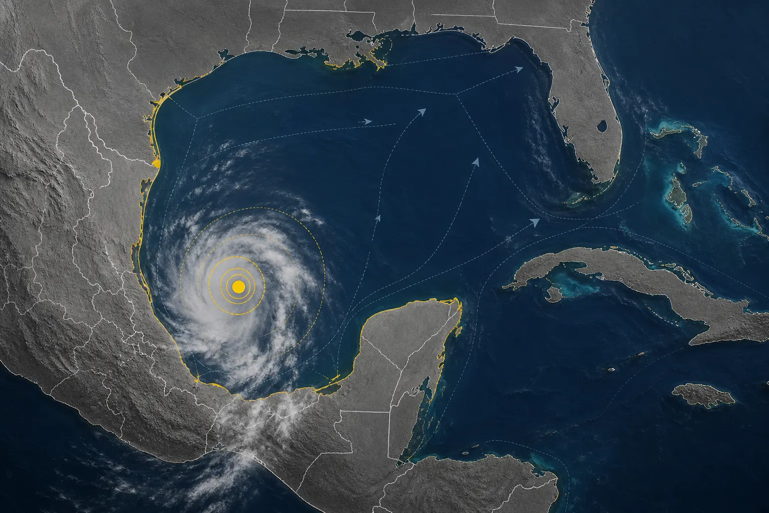 Mapa del Golfo de México con la depresión tropical nueve y zonas bajo vigilancia en Tamaulipas y Veracruz