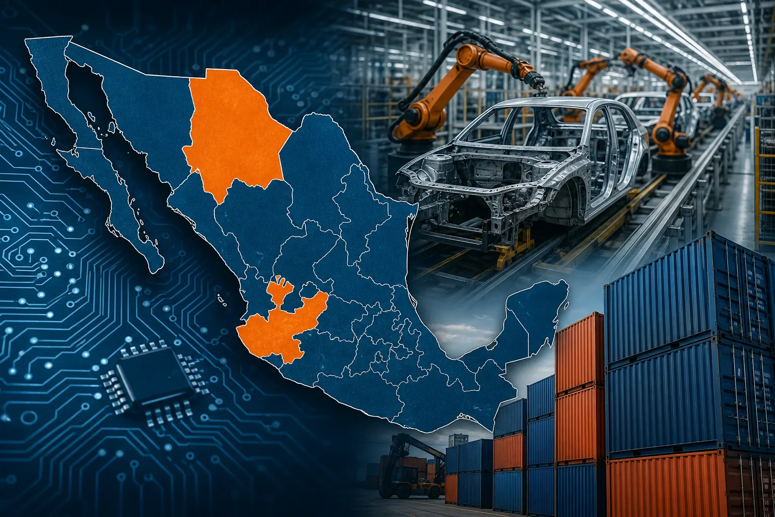 Mapa de México con Chihuahua y Jalisco destacados por su crecimiento exportador y productos electrónicos