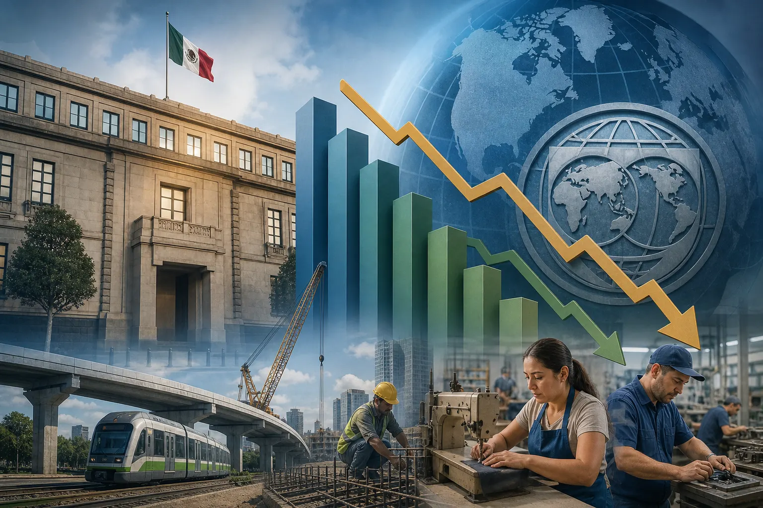 Edificio de Hacienda y gráficas sobre deuda y déficit de México rumbo a 2027