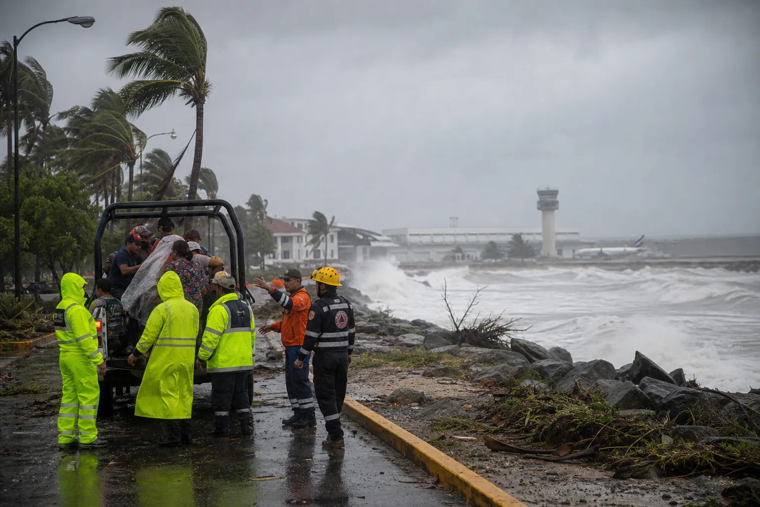 Personal de Protección Civil coordina evacuaciones durante el huracán Simón en la costa del Pacífico mexicano