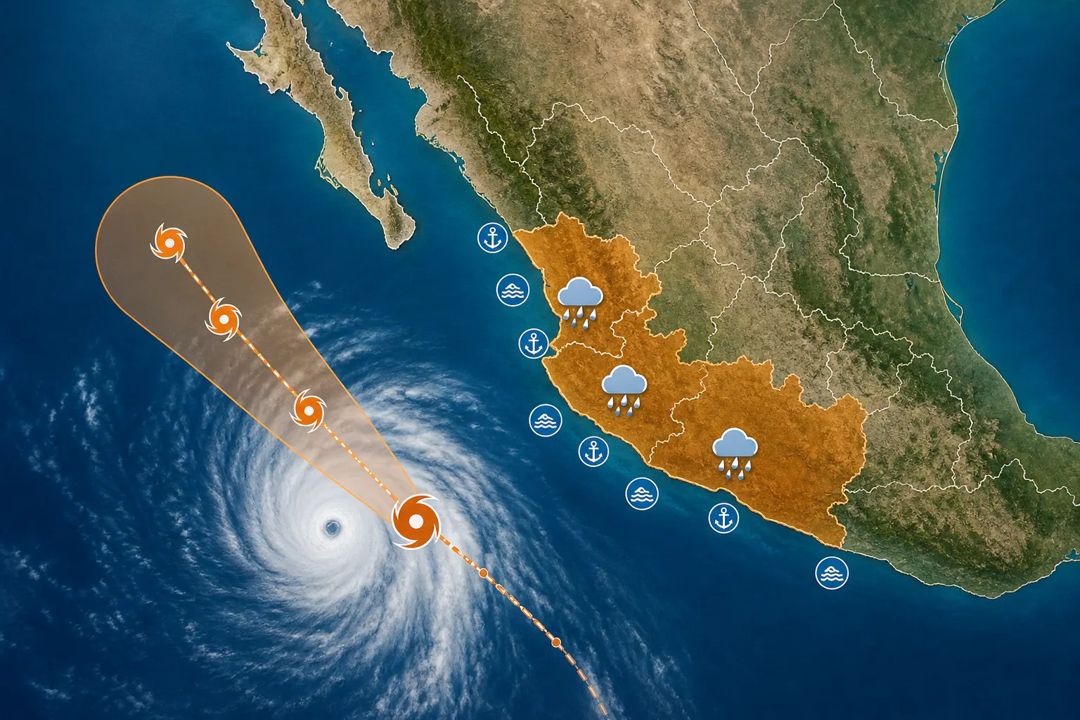 Trayectoria y zonas bajo vigilancia por el huracán Trudy frente al Pacífico mexicano