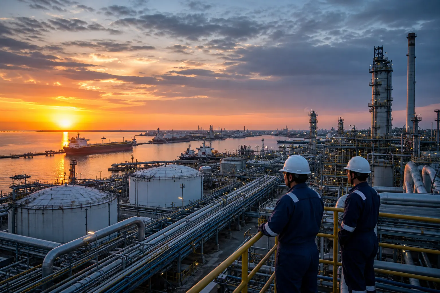 Complejo petroquímico mexicano con infraestructura industrial y tanques de almacenamiento