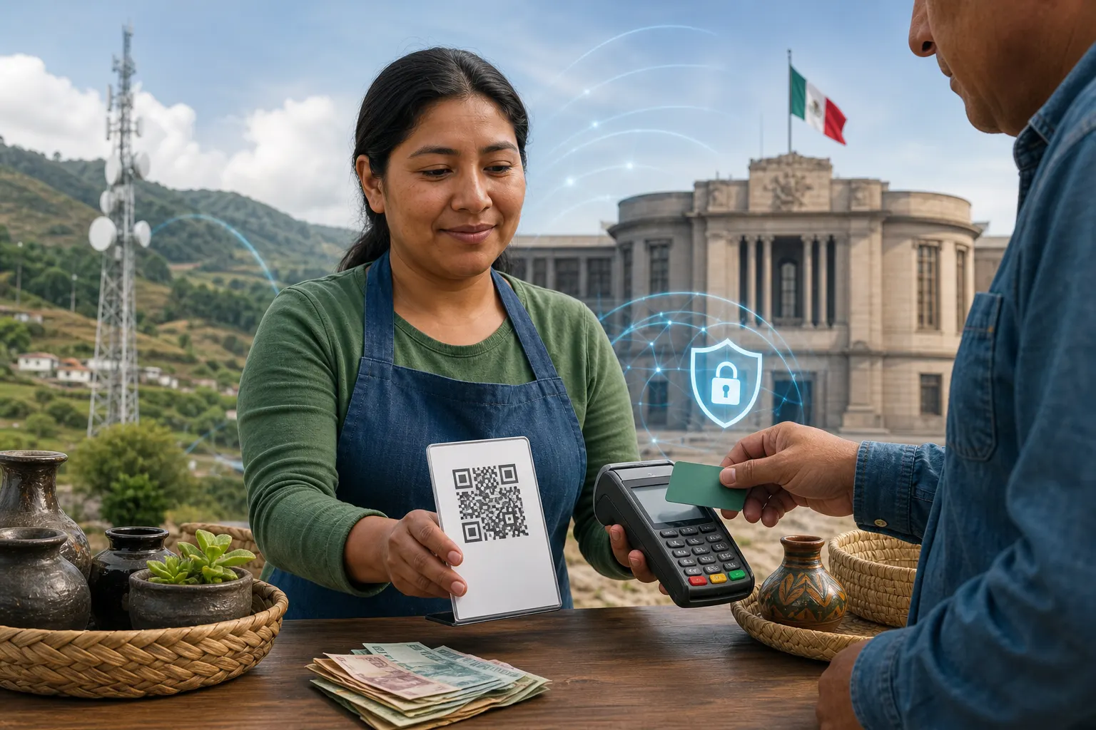 Una pyme mexicana realiza un pago digital mientras se representa el debate legislativo sobre la economía digital.