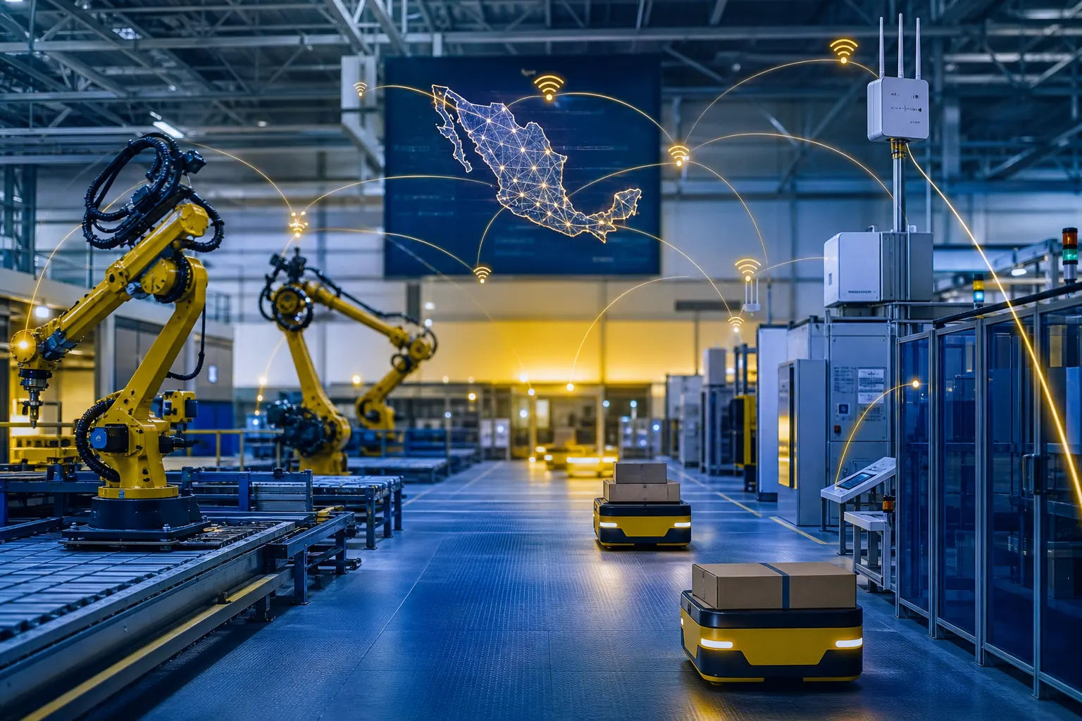 Red privada industrial con robots y sensores conectados en una planta mexicana