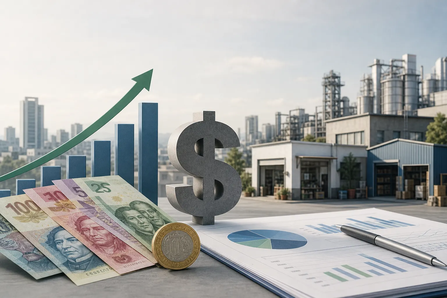 Gráfica de crecimiento económico de México junto a un peso mexicano y documentos de pronósticos del IMEF
