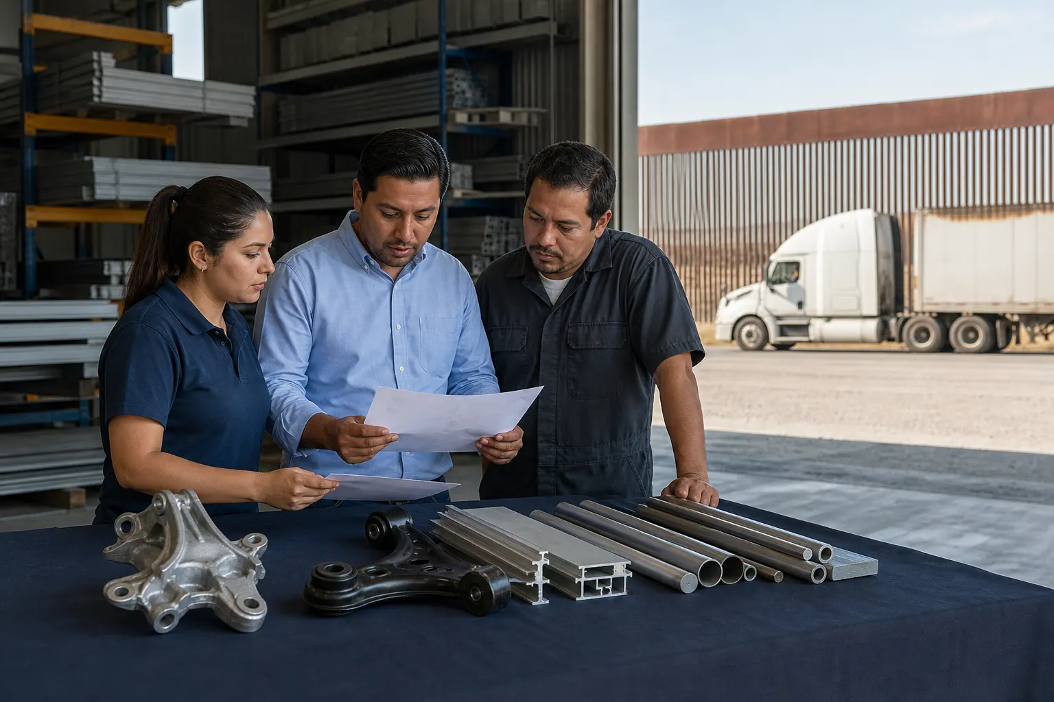 Personal de una pyme mexicana revisa documentos de exportación y materiales industriales ante la negociación comercial con Estados Unidos.