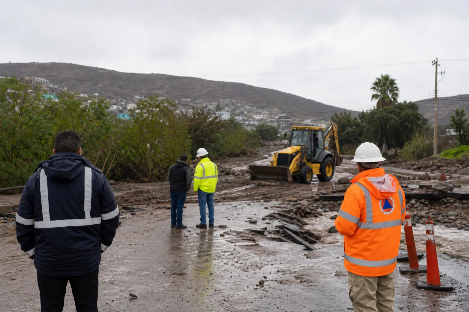 Personal evalúa daños en un camino de Ensenada tras las lluvias de Rachel