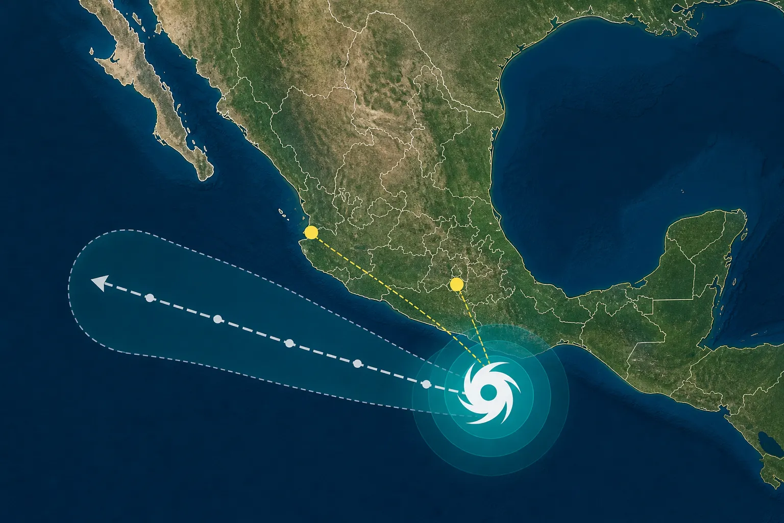 Mapa de la tormenta tropical Vance frente al Pacífico mexicano y zonas de seguimiento para pymes