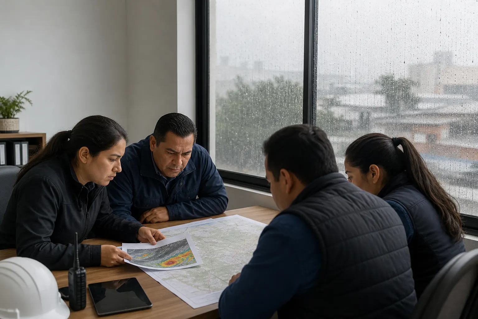 Personal de una pyme revisa rutas y avisos oficiales durante lluvias en México